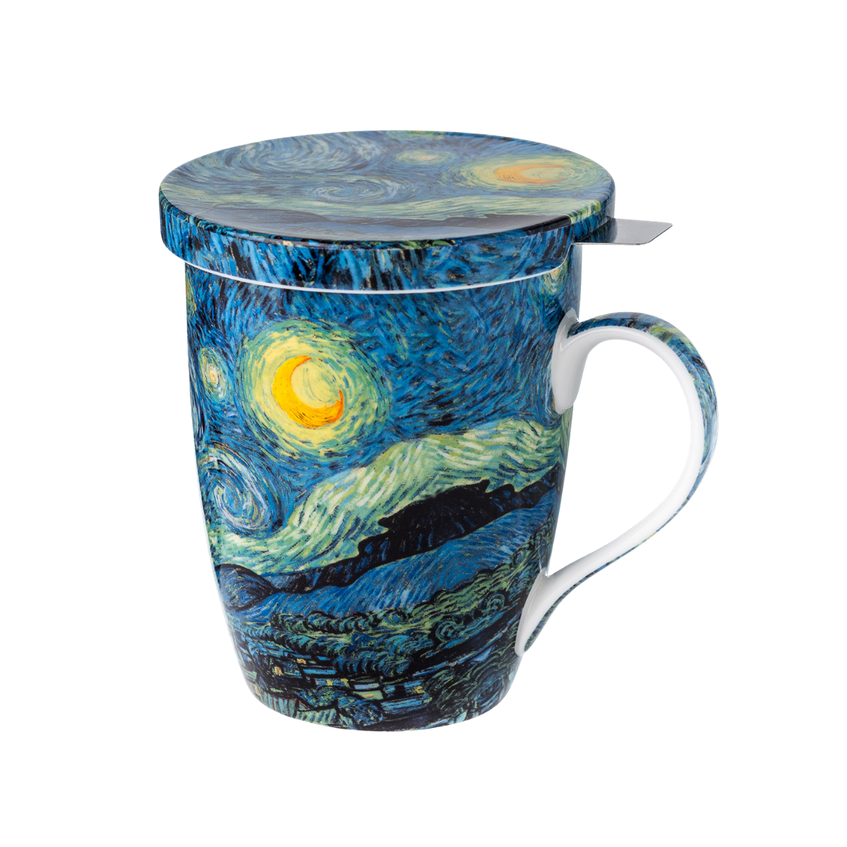 Vincent van Gogh Starry Night tea mug with lid and stainless steel infuser, 15.2 oz (450 ml) fine bone china mug, front view, handle right