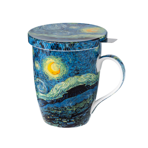 Vincent van Gogh Starry Night tea mug with lid and stainless steel infuser, 15.2 oz (450 ml) fine bone china mug, front view, handle right