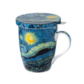 Vincent van Gogh Starry Night tea mug with lid and stainless steel infuser, 15.2 oz (450 ml) fine bone china mug, front view, handle right