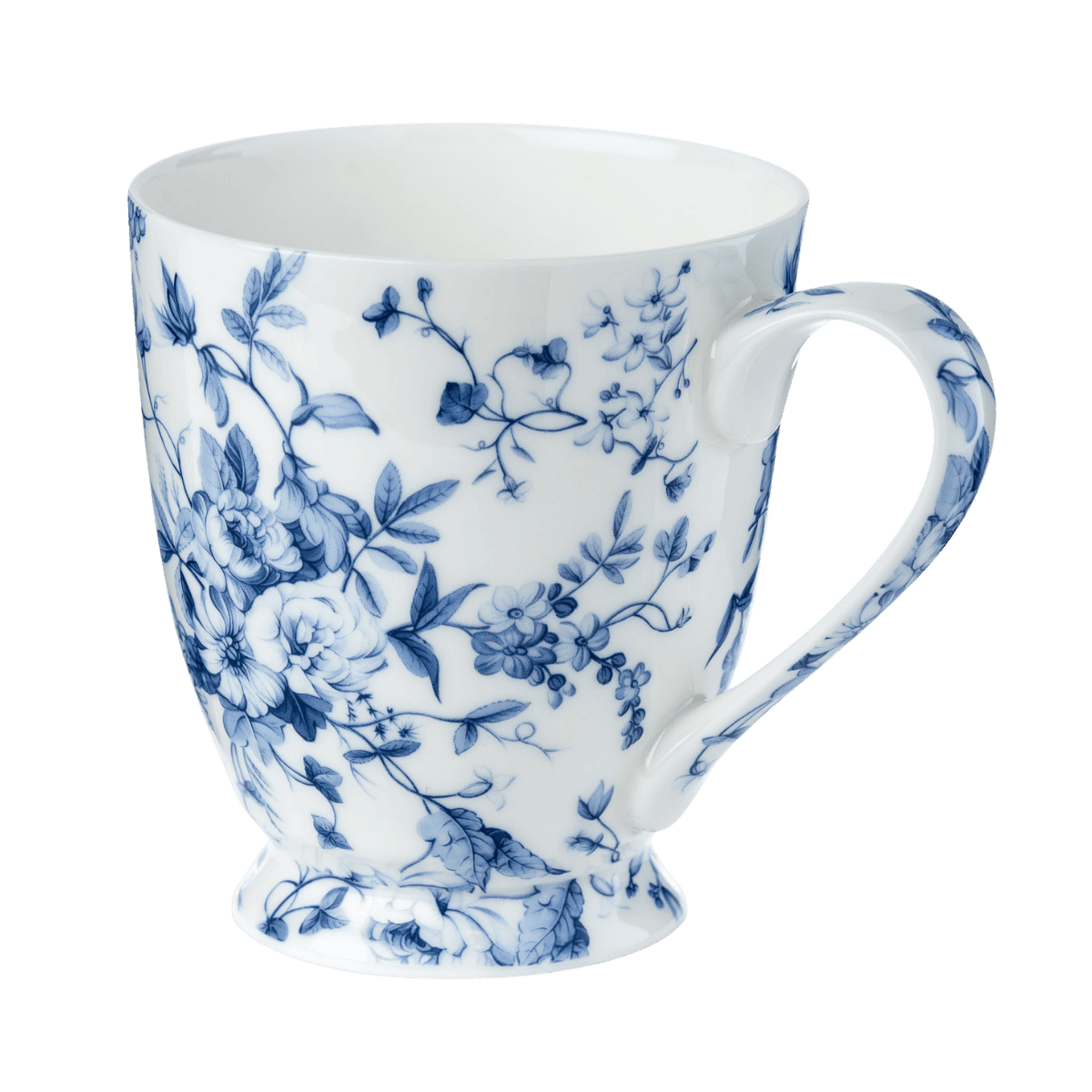 Always in Bloom chintz floral mocha mug fine bone china 16 oz with colourful floral pattern, front view handle right