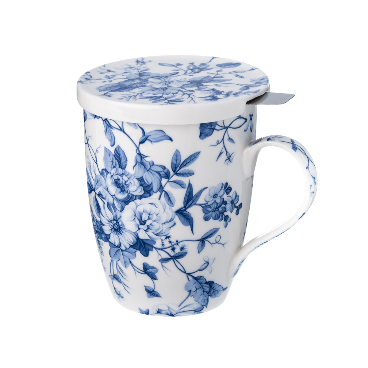 Always in Bloom blue floral tea mug with stainless steel infuser and lid, 15.2 oz (450 ml) fine bone china mug, front view handle right