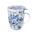 Always in Bloom blue floral tea mug with stainless steel infuser and lid, 15.2 oz (450 ml) fine bone china mug, front view handle right
