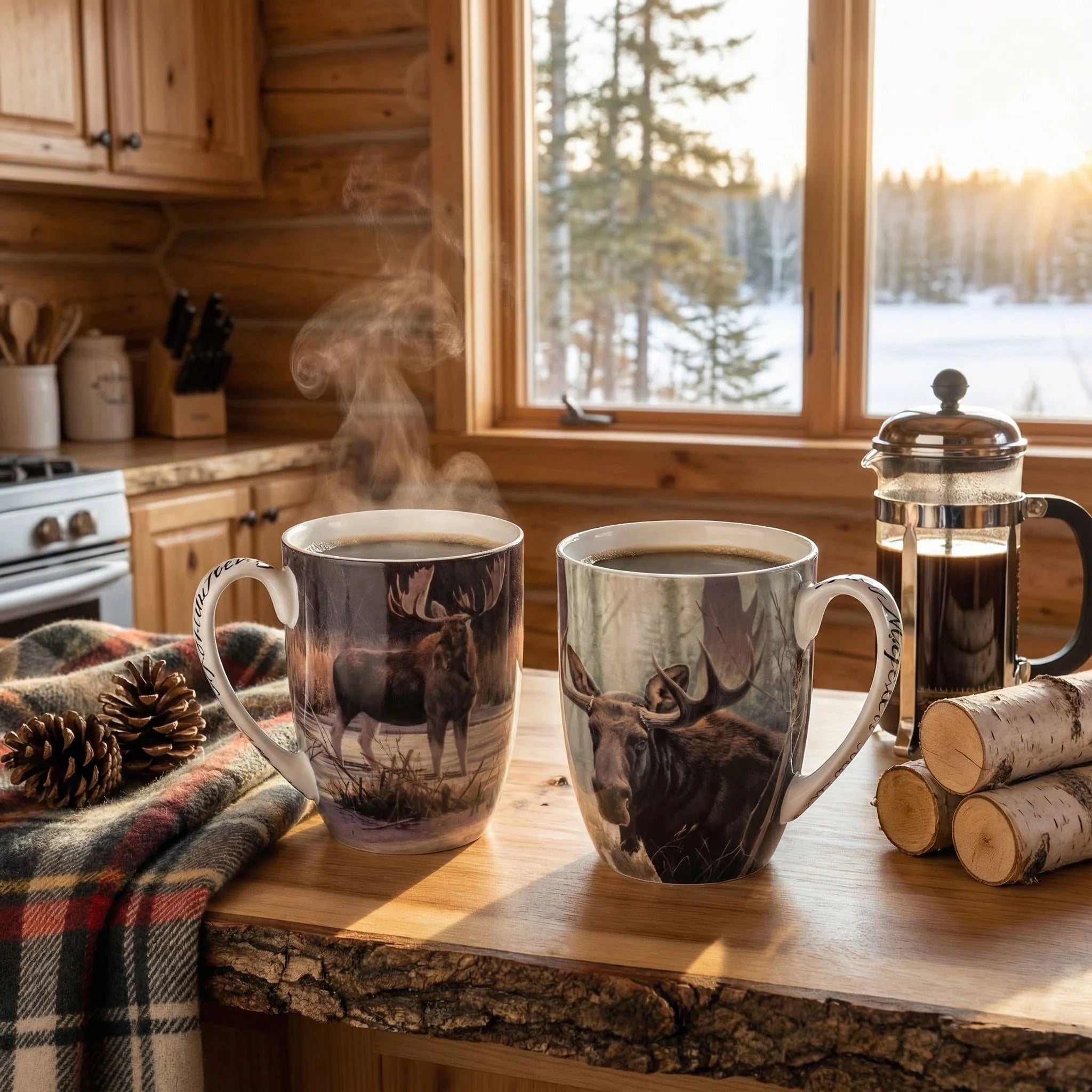 A pair of Bateman Latte mugs in a warm cabin kitchen. The mugs feature majestic images of moose and are filled with steaming coffee. The mugs are made from fine bone china.
