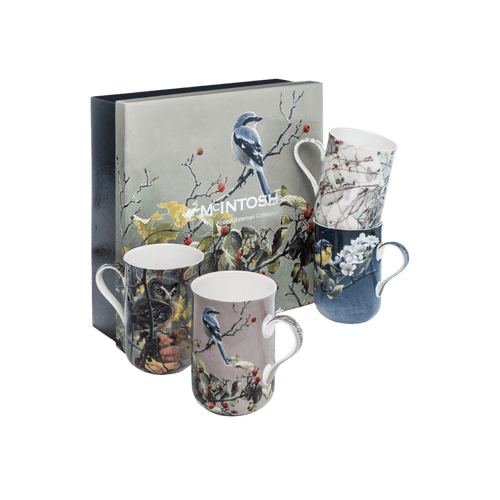 Robert Bateman bird mug set Shrike Pair and Hawthorne Fresh Snow-Cardinal Canada Warbler and Pear Blossoms Saw-Whet Owl and Grapes fine bone china 10.5 oz (310 ml) McIntosh Mugs front view