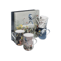 Robert Bateman bird mug set Shrike Pair and Hawthorne Fresh Snow-Cardinal Canada Warbler and Pear Blossoms Saw-Whet Owl and Grapes fine bone china 10.5 oz (310 ml) McIntosh Mugs front view