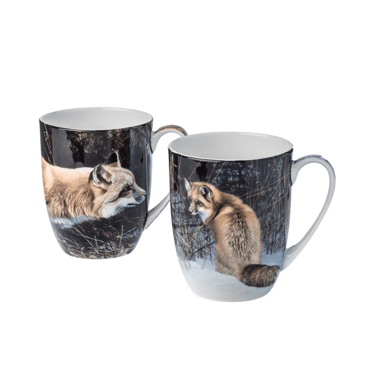 Robert Bateman Fox mug pair fine bone china 13 oz featuring Red Fox on the Prowl and On the Move Red Fox paintings, front view handle right