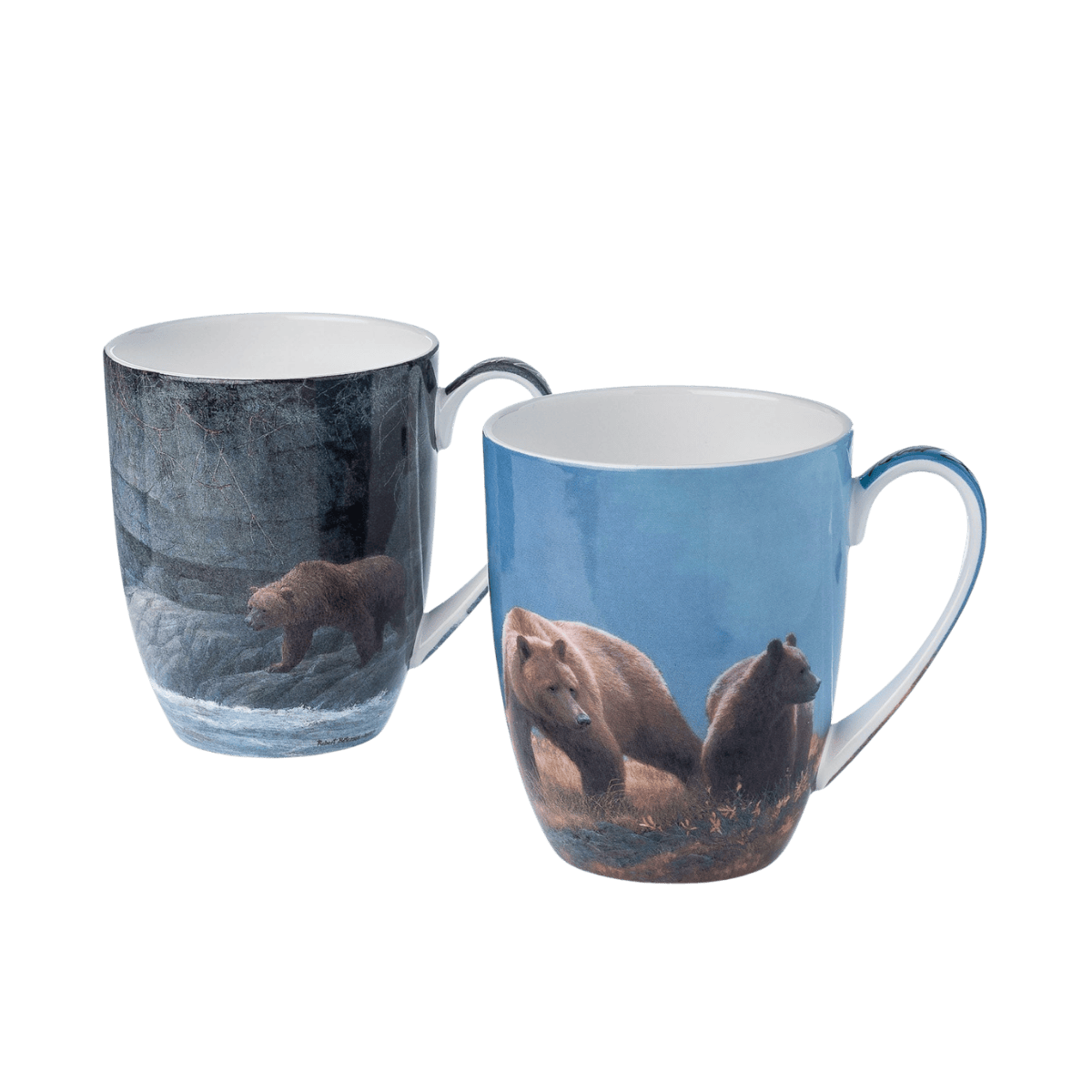 Robert Bateman Grizzlies mug set fine bone china 12.5 oz (375 ml) featuring Alaska Light and Fishing Hole paintings, front view, handle right