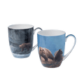 Robert Bateman Grizzlies mug set fine bone china 12.5 oz (375 ml) featuring Alaska Light and Fishing Hole paintings, front view, handle right