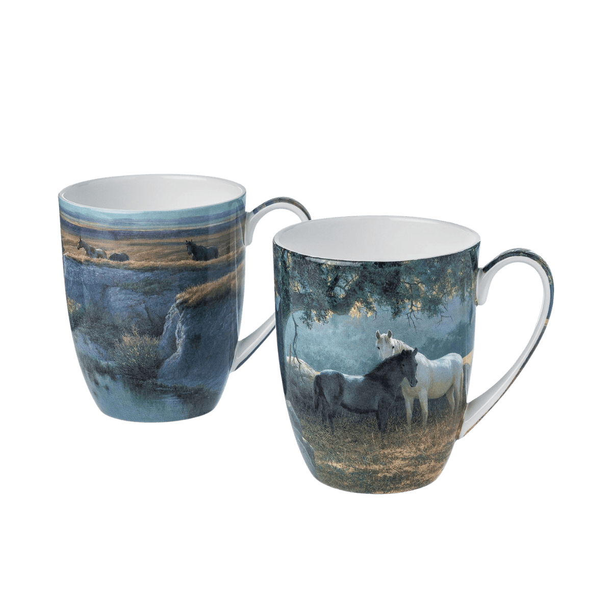 Robert Bateman horse mug pair featuring Mustang Country and In the Field, 12.5 oz (375 ml) fine bone china mugs, white background