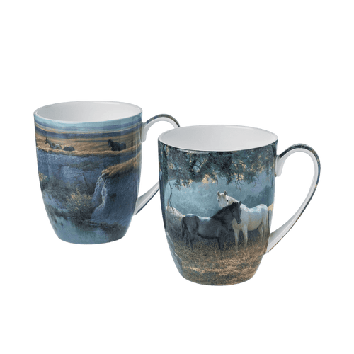 Robert Bateman horse mug pair featuring Mustang Country and In the Field, 12.5 oz (375 ml) fine bone china mugs, white background