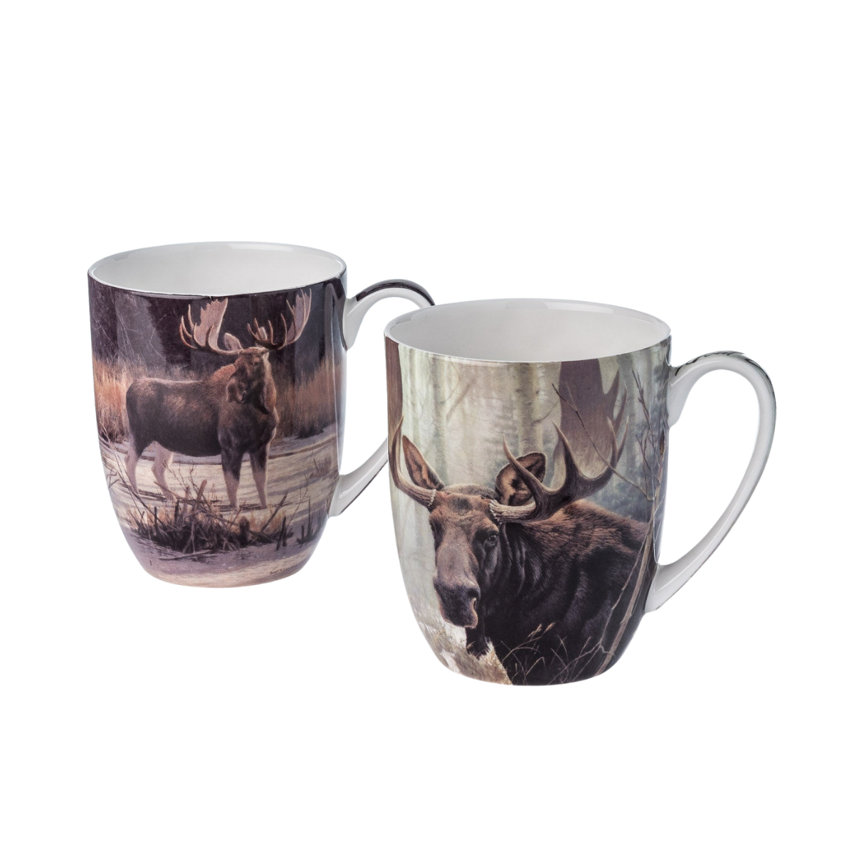 Robert Bateman Moose mug set of two featuring Bull Moose and Moose Family, 12.5 oz (375 ml) fine bone china mugs, white background