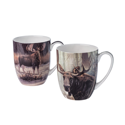 Robert Bateman Moose mug set of two featuring Bull Moose and Moose Family, 12.5 oz (375 ml) fine bone china mugs, white background