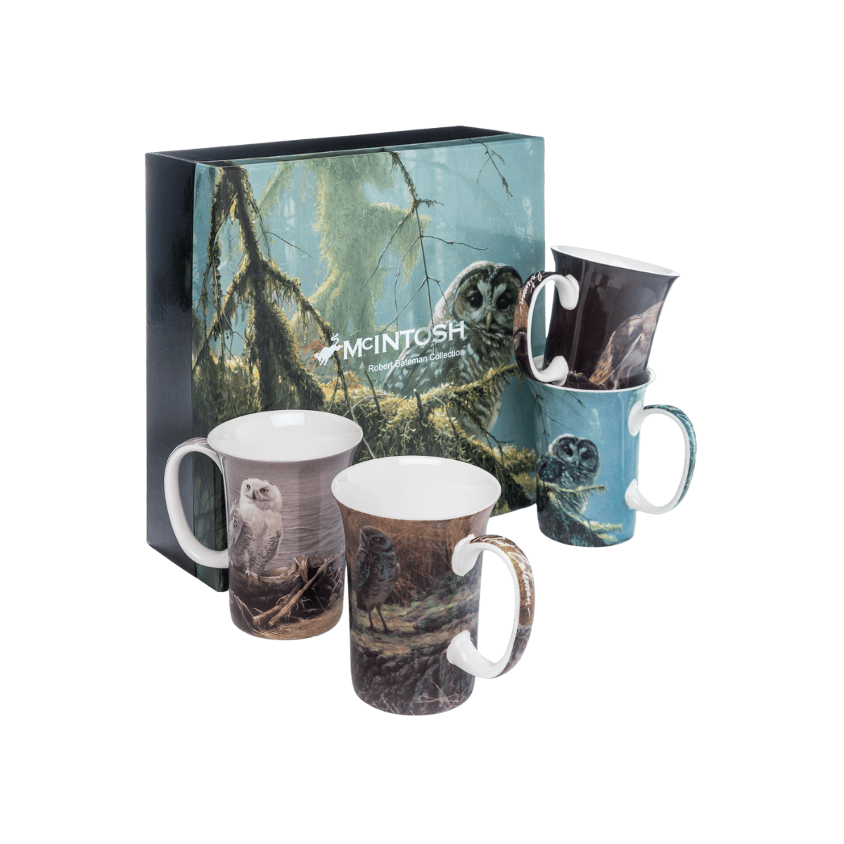 Robert Bateman owl mug set of four featuring Catching the Light Barn Owl and Snowy Owl on Driftwood wildlife paintings, 11 oz (325 ml) fine bone china mugs