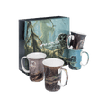 Robert Bateman owl mug set of four featuring Catching the Light Barn Owl and Snowy Owl on Driftwood wildlife paintings, 11 oz (325 ml) fine bone china mugs