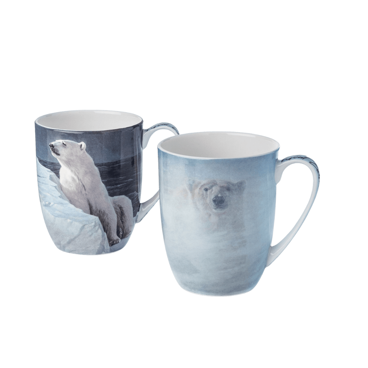 Robert Bateman Polar Bears mug set featuring White Encounter and Long Light Polar Bear wildlife paintings, 12.5 oz (375 ml) fine bone china mugs