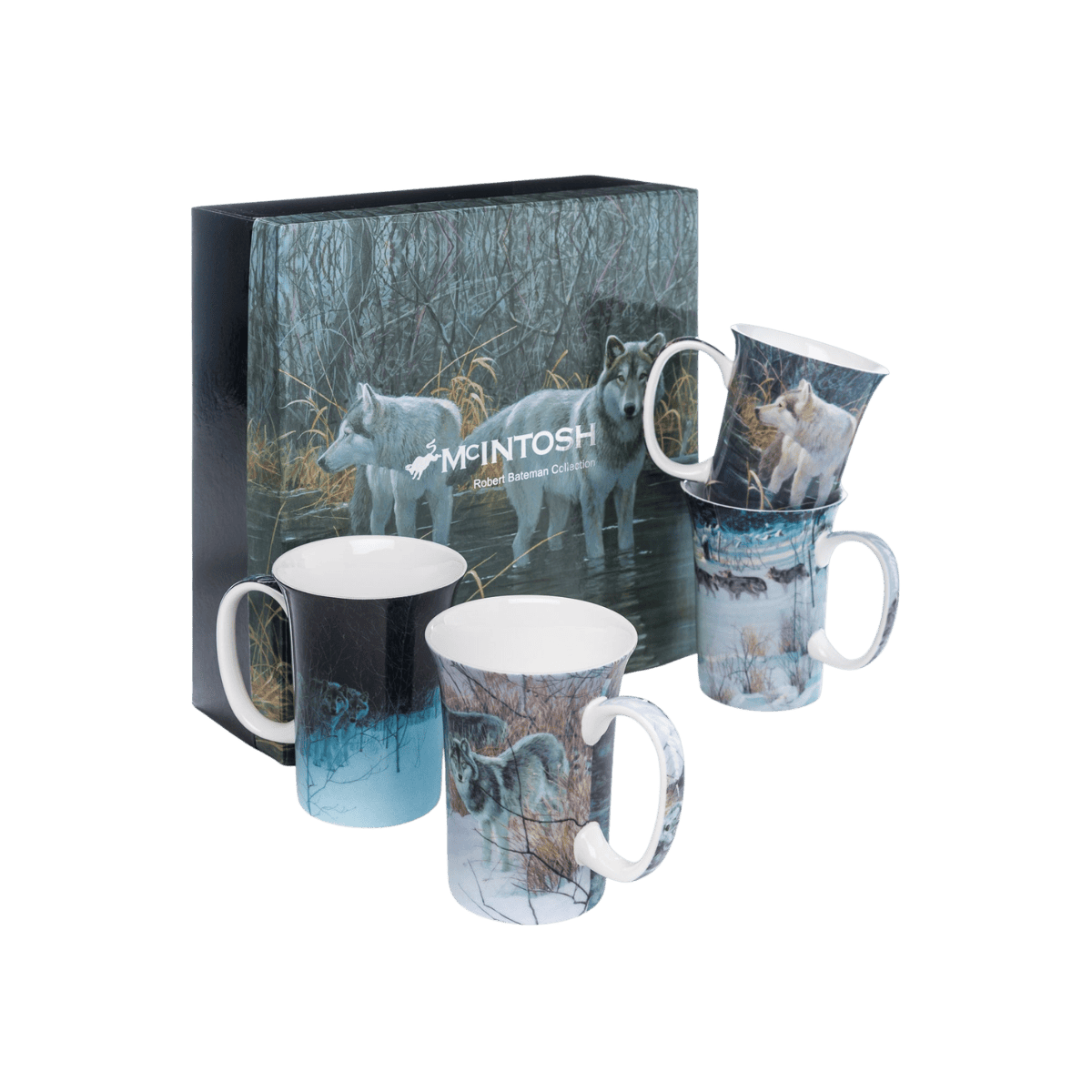 Robert Bateman wolf mug set Wolf On the Trail Water’s Edge Wading Wolves Clear Night-Wolves fine bone china 11 oz (325 ml) McIntosh Mugs front view