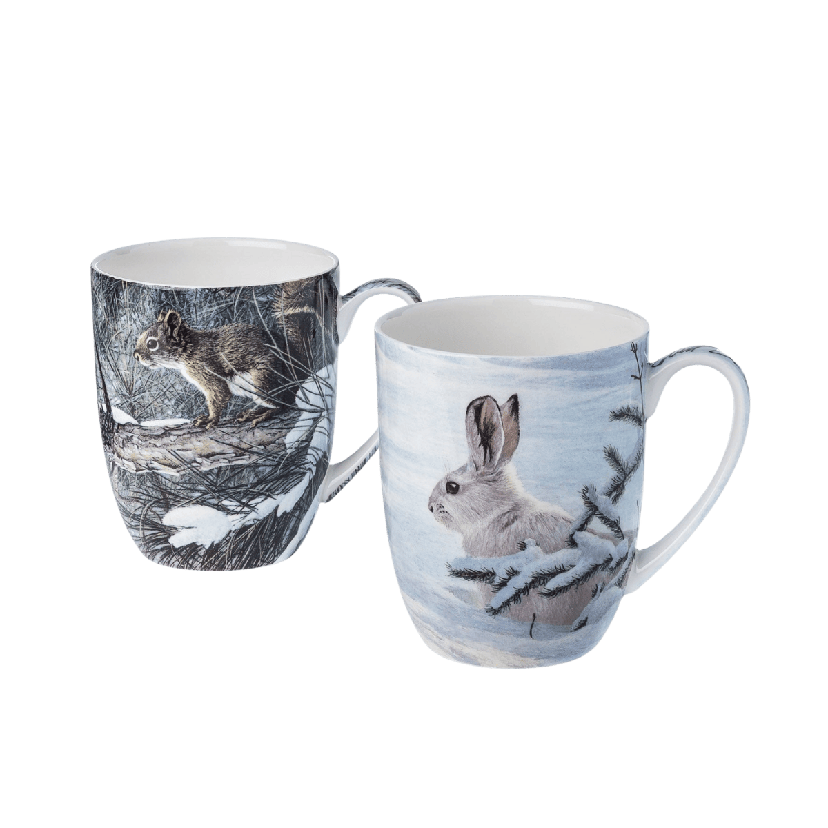 Robert Bateman Woodland Animals mug set of two featuring Winter- Snowshoe Hare and Red Squirrel, 12.5 oz (375 ml) fine bone china mugs, white background