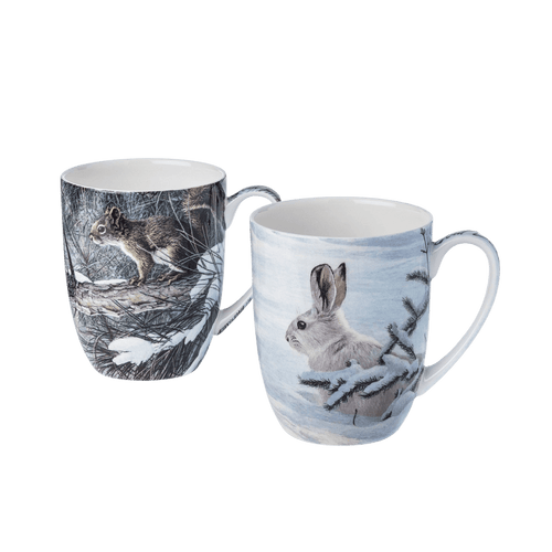 Robert Bateman Woodland Animals mug set of two featuring Winter- Snowshoe Hare and Red Squirrel, 12.5 oz (375 ml) fine bone china mugs, white background