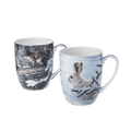 Robert Bateman Woodland Animals mug set of two featuring Winter- Snowshoe Hare and Red Squirrel, 12.5 oz (375 ml) fine bone china mugs, white background