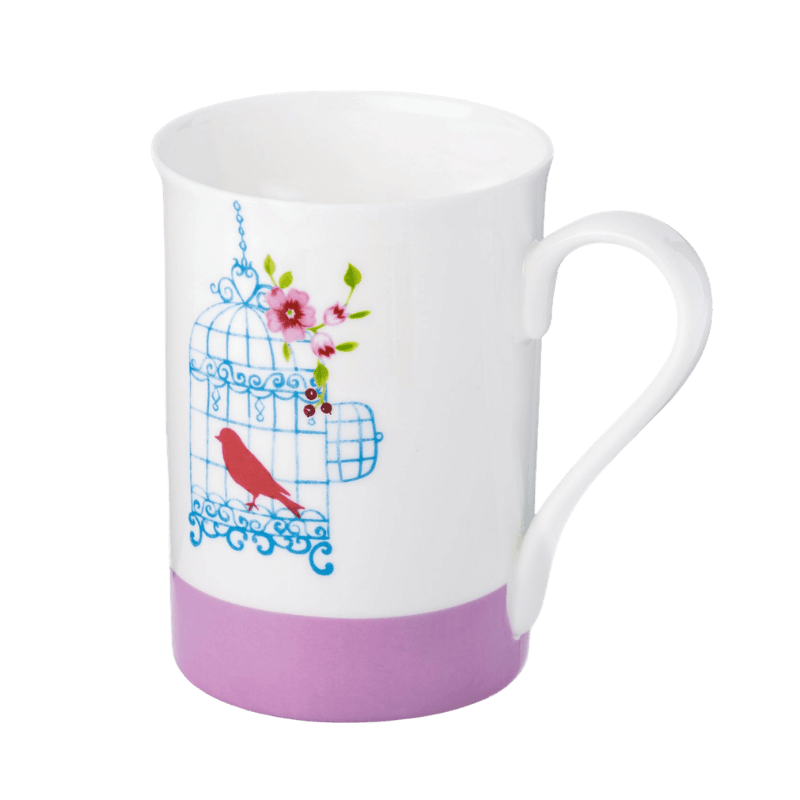 Bird Cage Classico mug fine bone china 12.5 oz with decorative bird and cage design, front view handle right