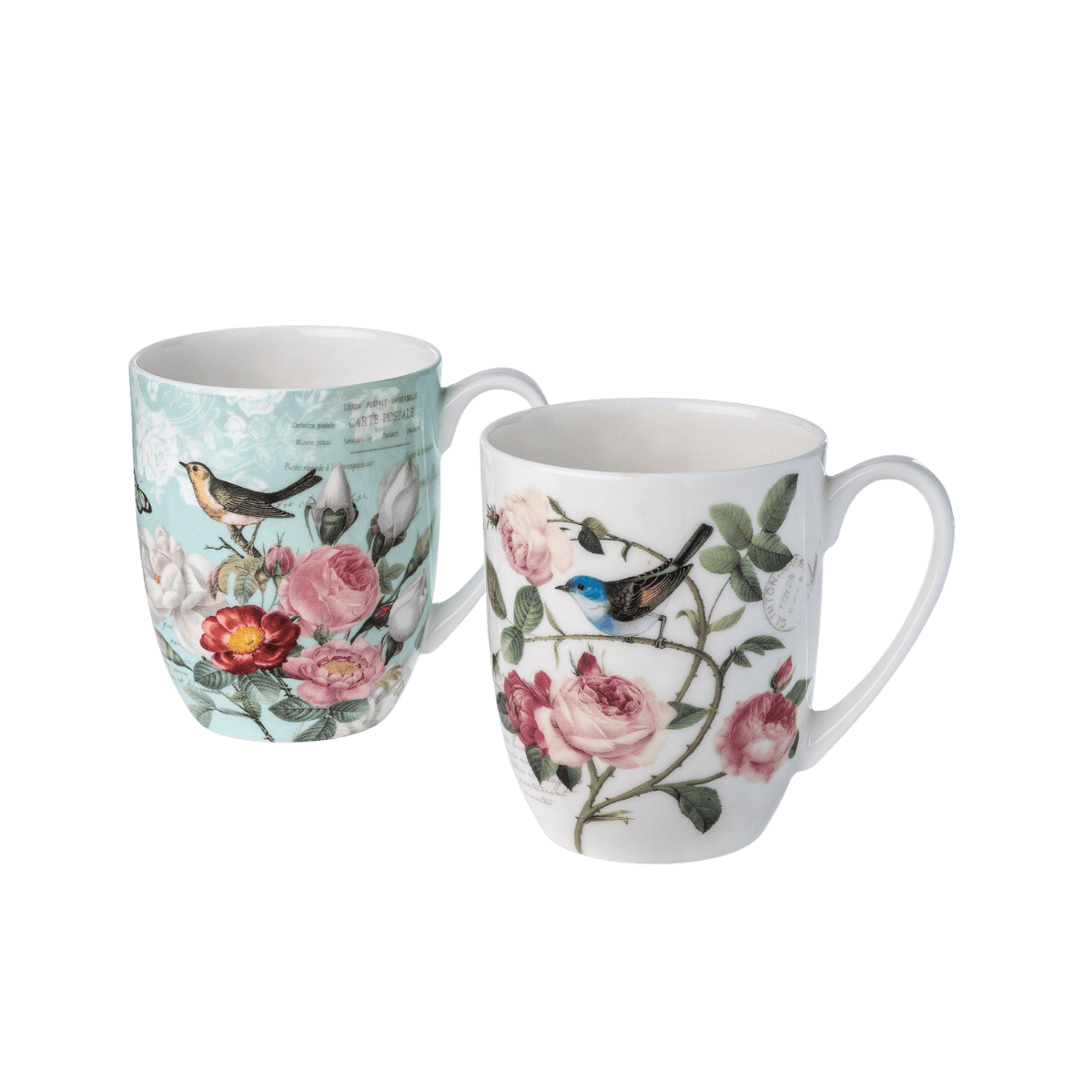 Bird Garden mug pair fine bone china 12.5 oz (375 ml) McIntosh Mugs front view, handle right