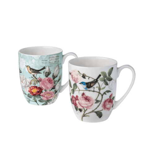 Bird Garden mug pair fine bone china 12.5 oz (375 ml) McIntosh Mugs front view, handle right