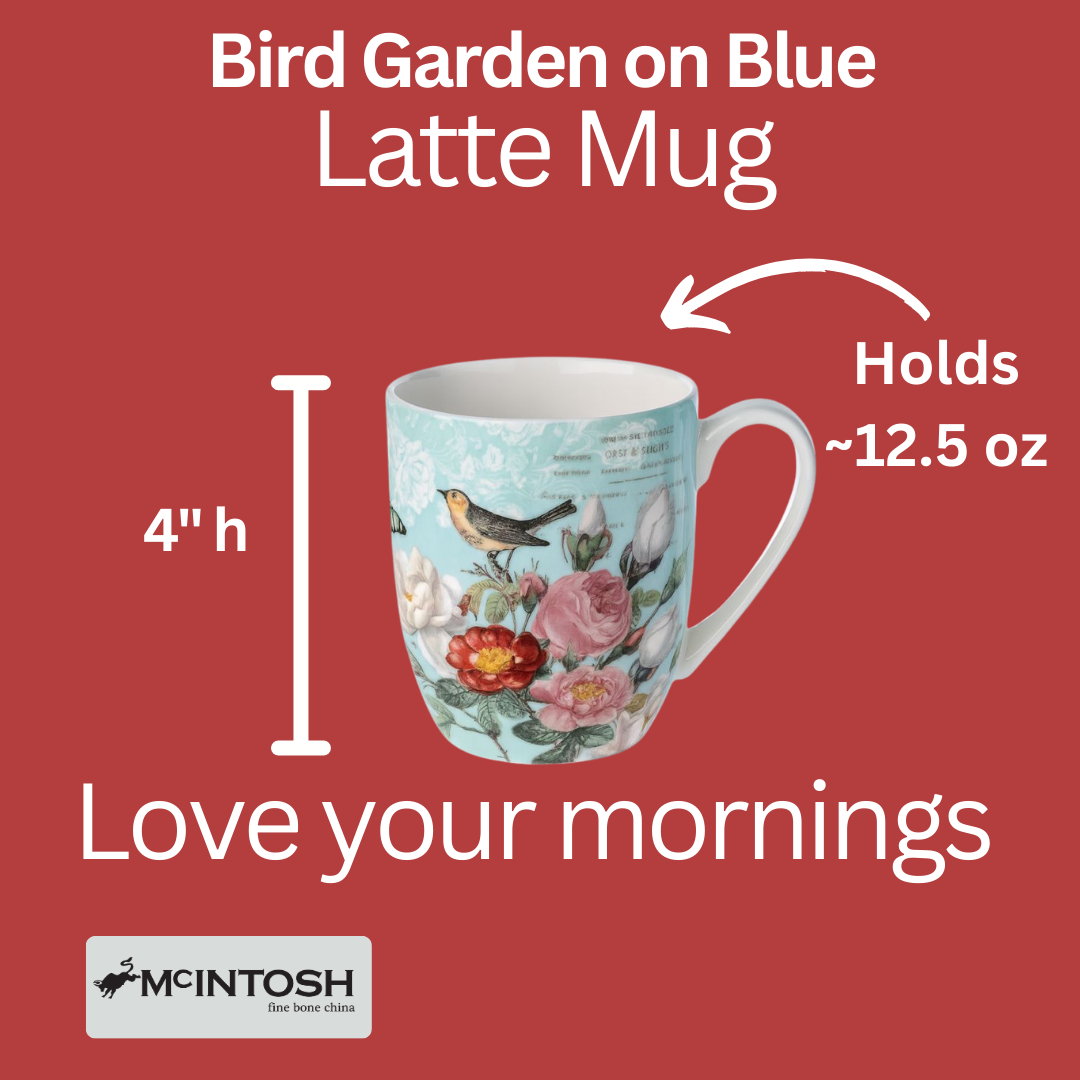Bird Garden on Blue Latte mug size guide showing 12.5 oz (375 ml), 4 in high