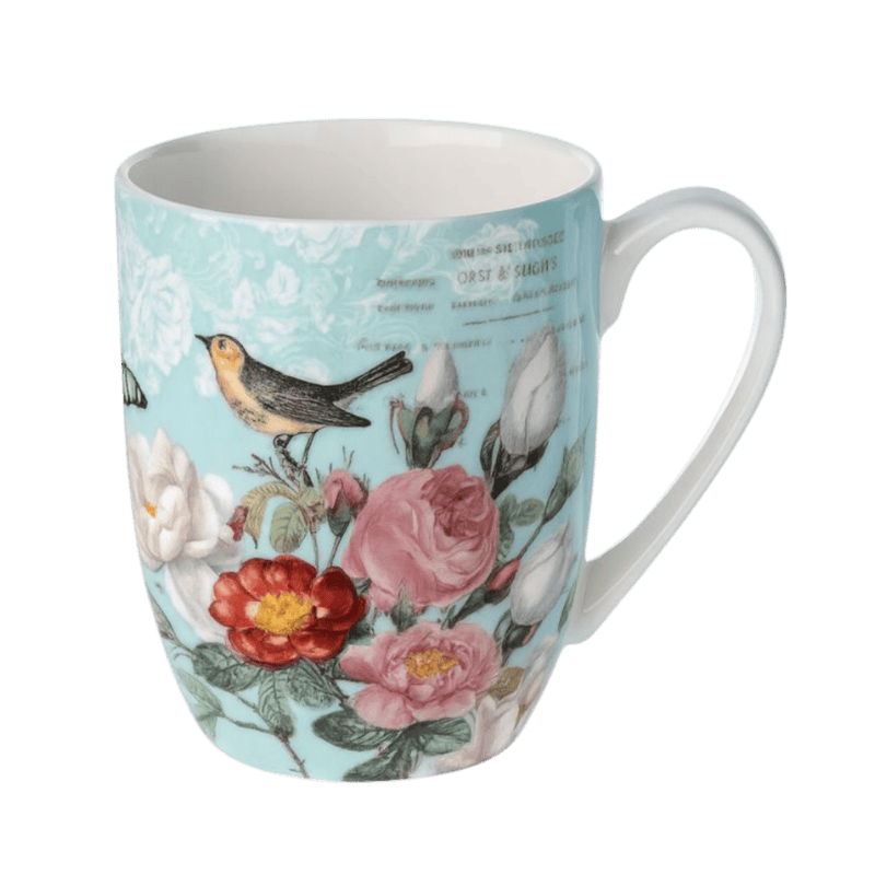 Bird Garden on Blue latte mug with birds and floral roses fine bone china 12.5 oz (375 ml) McIntosh Mugs front view, handle right