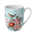 Bird Garden on Blue latte mug with birds and floral roses fine bone china 12.5 oz (375 ml) McIntosh Mugs front view, handle right