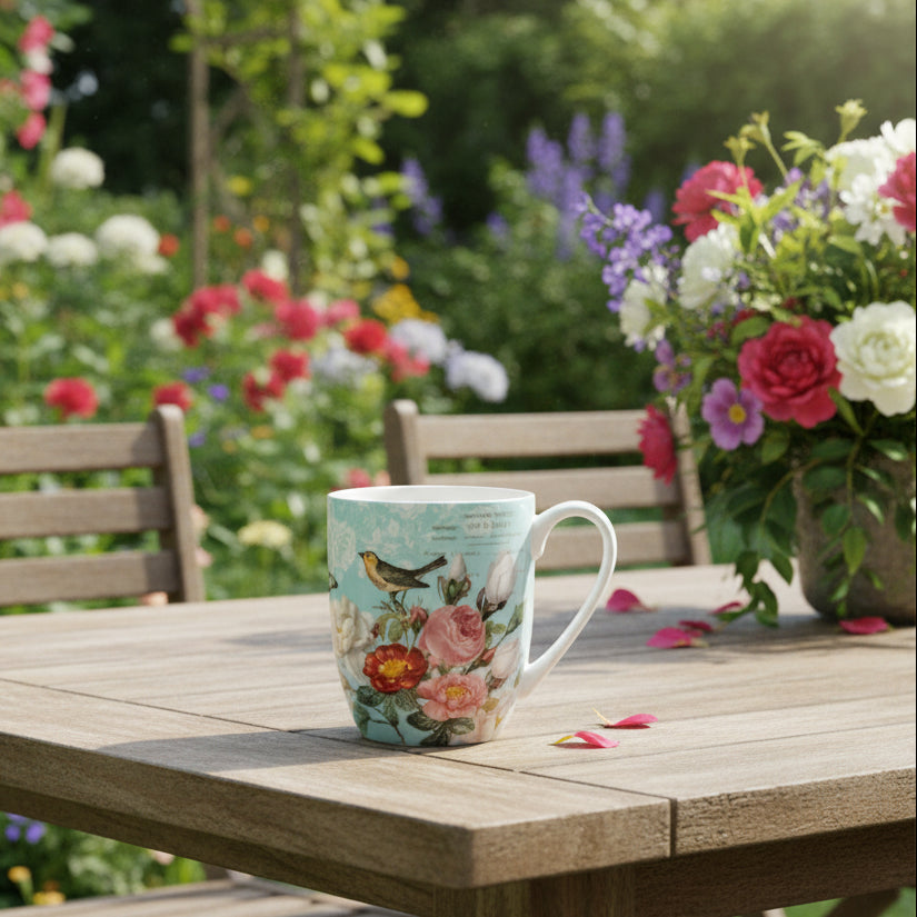 Bird Garden on Blue Latte mug in a outdoor setting