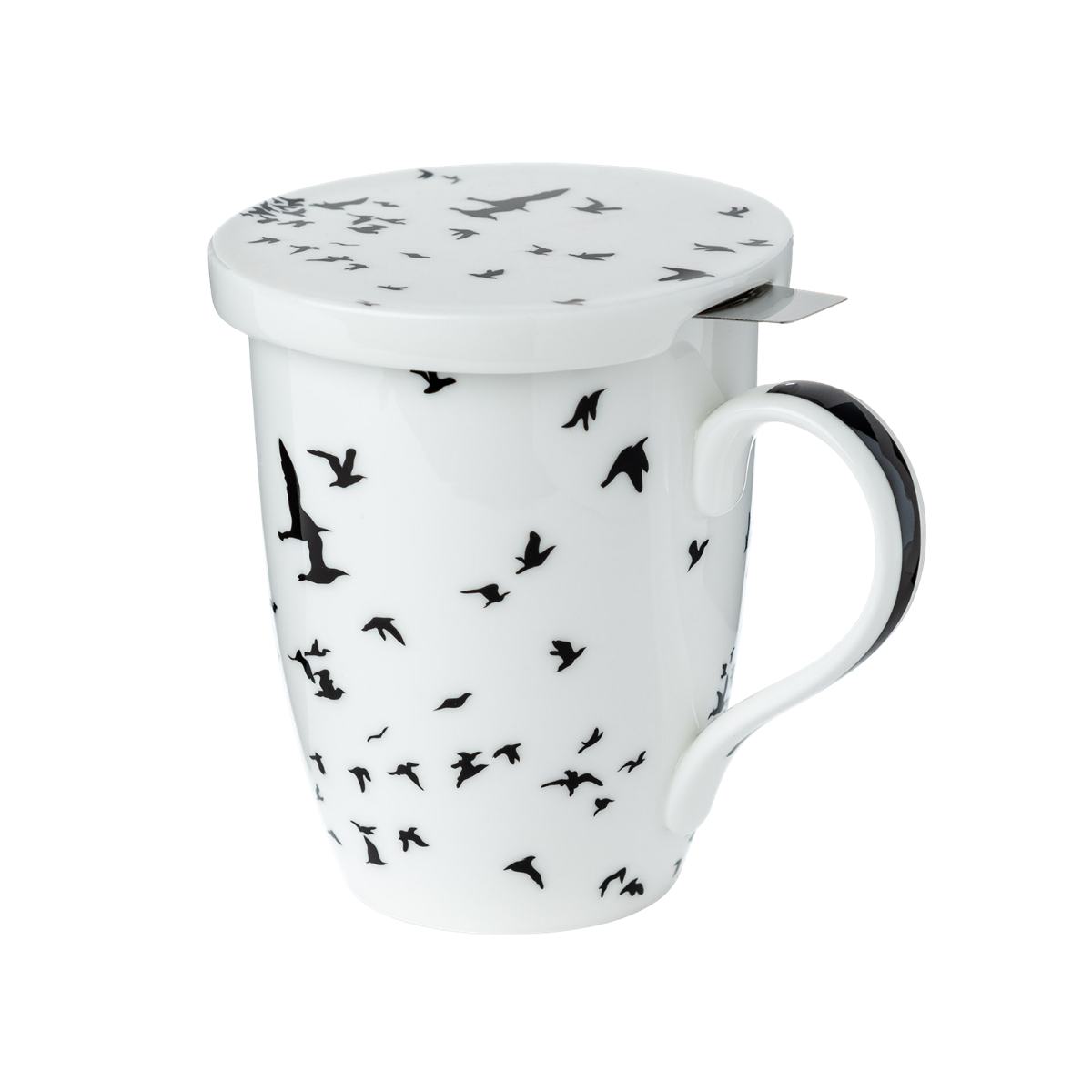 Bird Silhouette tea mug with infuser fine bone china 15.2 oz (450 ml) McIntosh Mugs front view, handle right