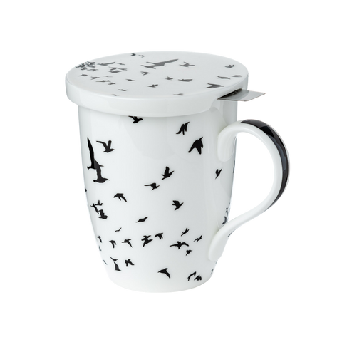 Bird Silhouette tea mug with infuser fine bone china 15.2 oz (450 ml) McIntosh Mugs front view, handle right