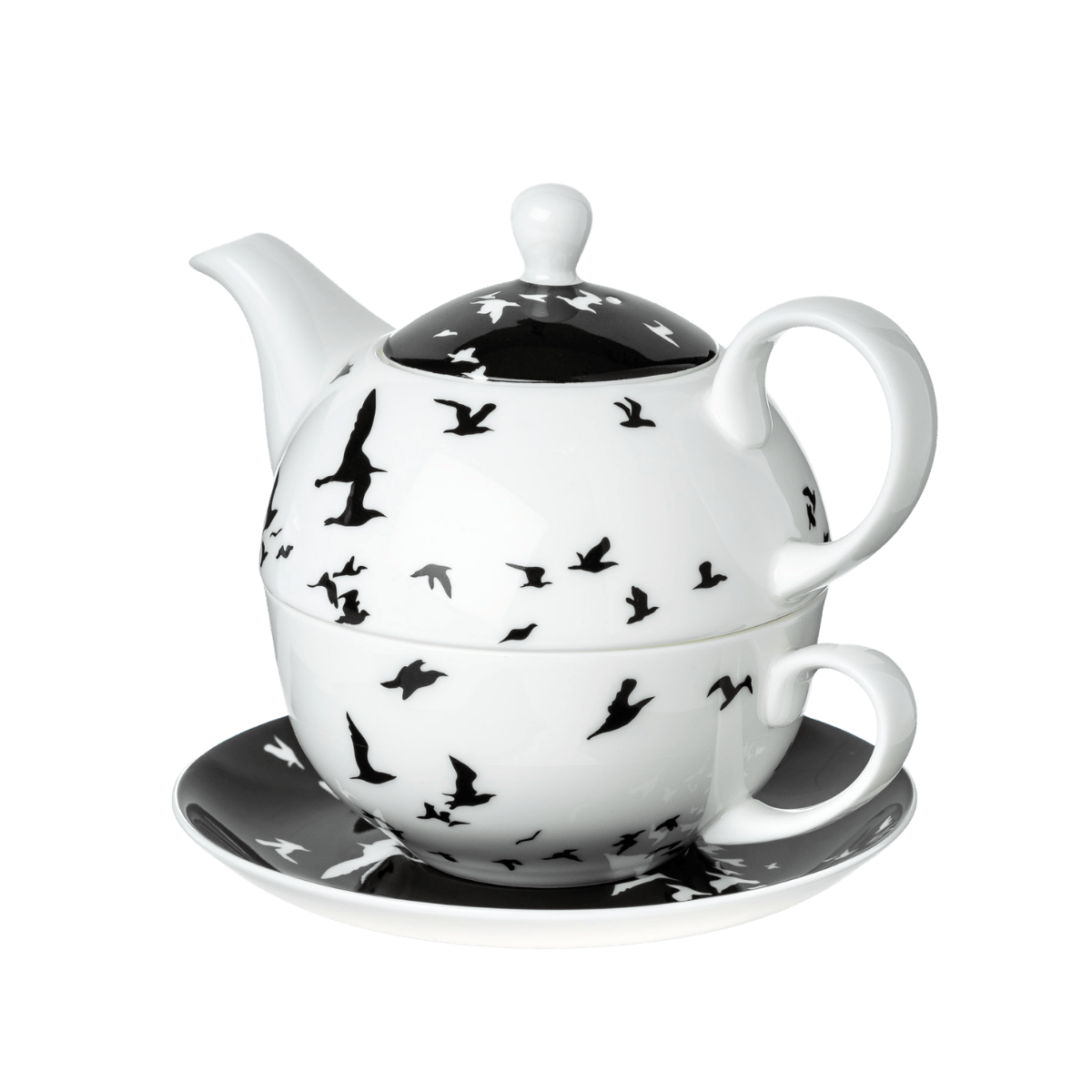 Bird Silhouette tea-for-one set fine bone china with teapot cup and saucer black bird design front view