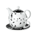 Bird Silhouette tea-for-one set fine bone china with teapot cup and saucer black bird design front view