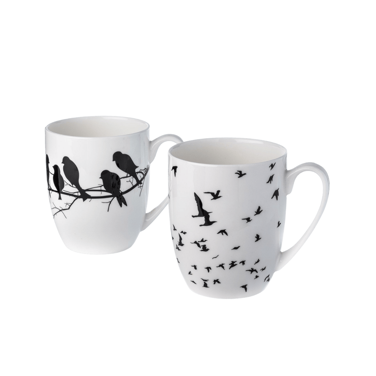 Bird Silhouette mug pair black and white fine bone china 13 oz mugs with bird silhouette design, front view handle right