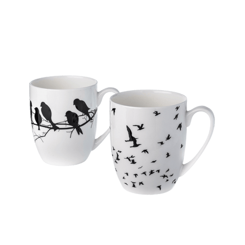 Bird Silhouette mug pair black and white fine bone china 13 oz mugs with bird silhouette design, front view handle right