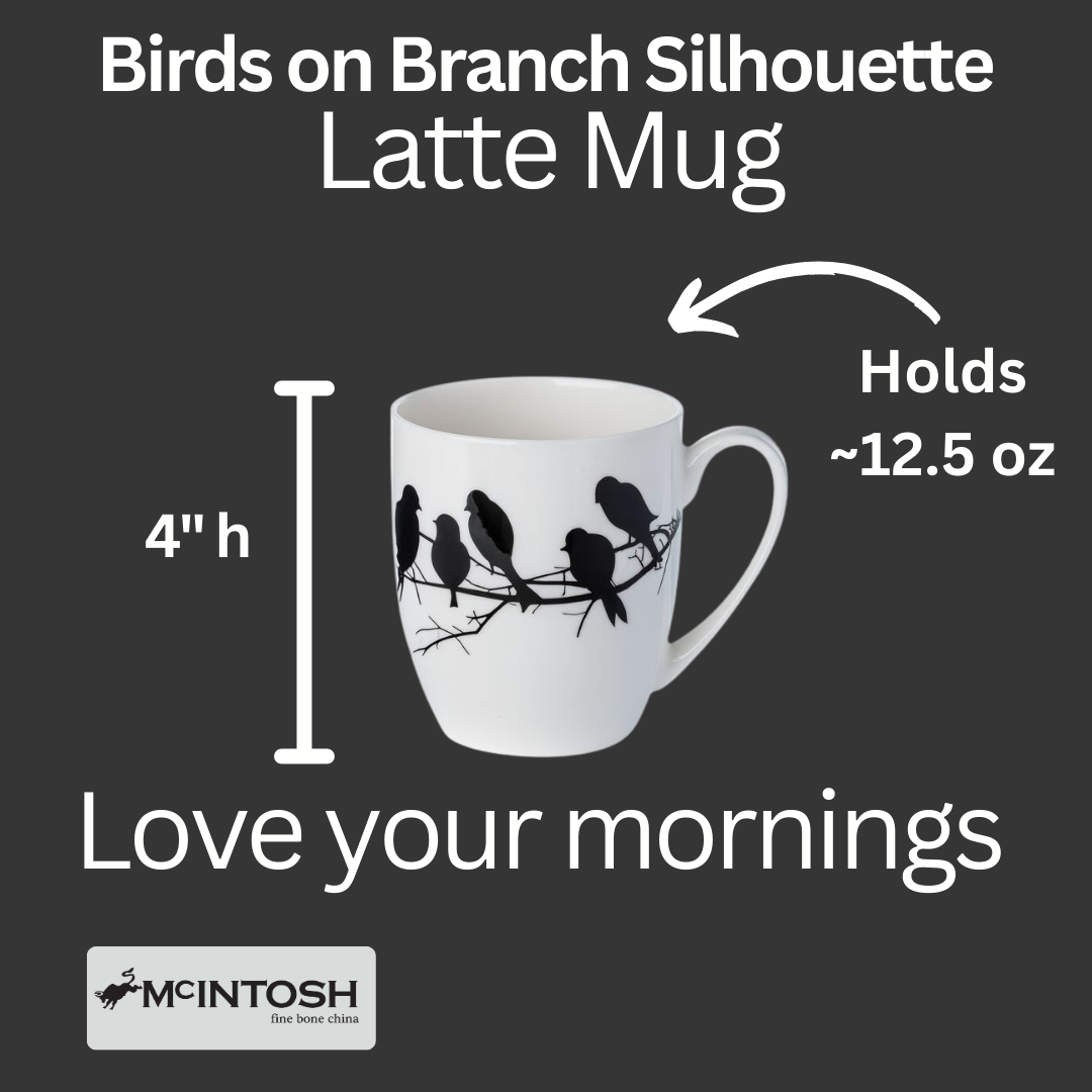 Birds on Branch Silhouette Latte mug size guide showing 12.5 oz (375 ml), 4 in high