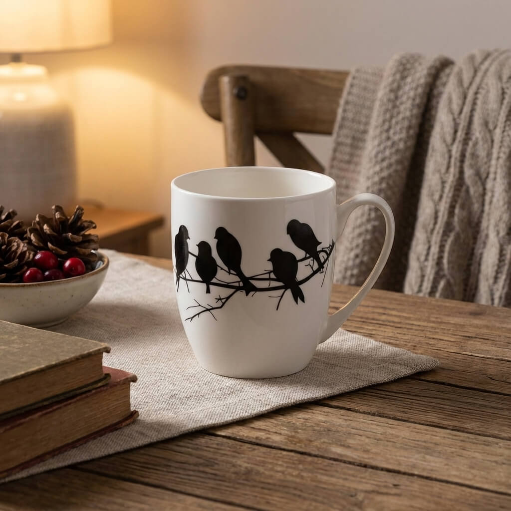 Birds on Branch Silhouette Latte mug in a kitchen setting