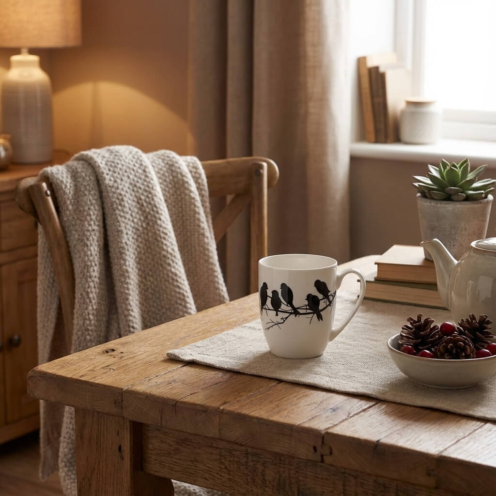 Birds on Branch Silhouette Latte mug with coffee in a cozy table setting