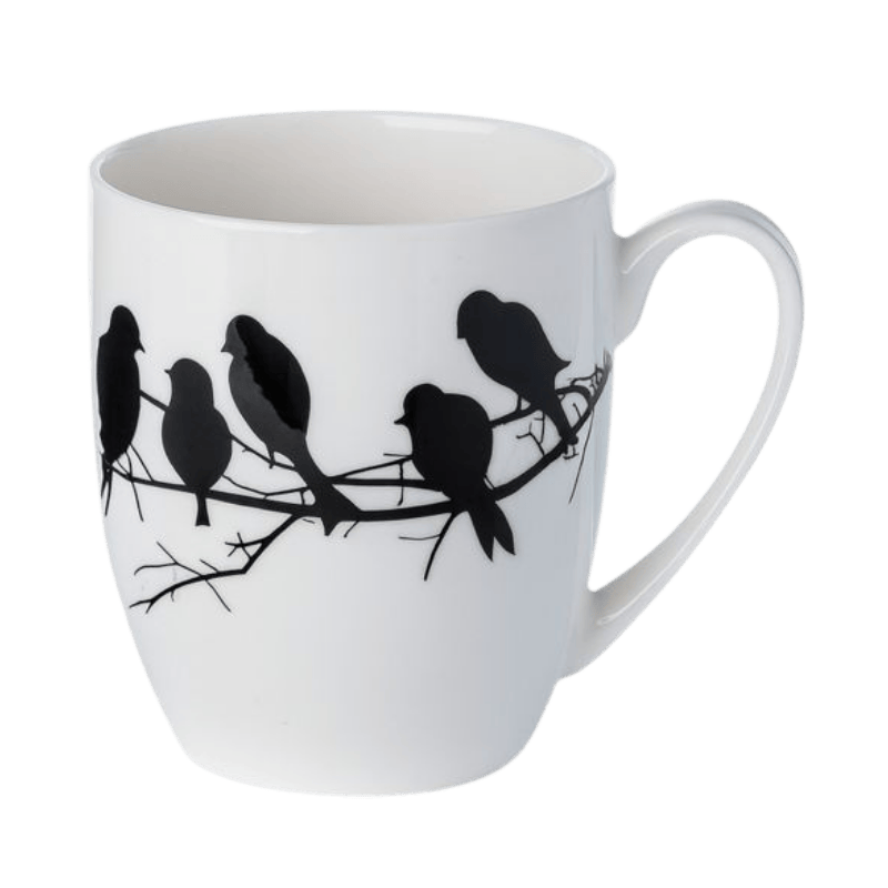 Birds on Branch Silhouette Latte mug in fine bone china, 12.5 oz (375 ml), front view, handle right