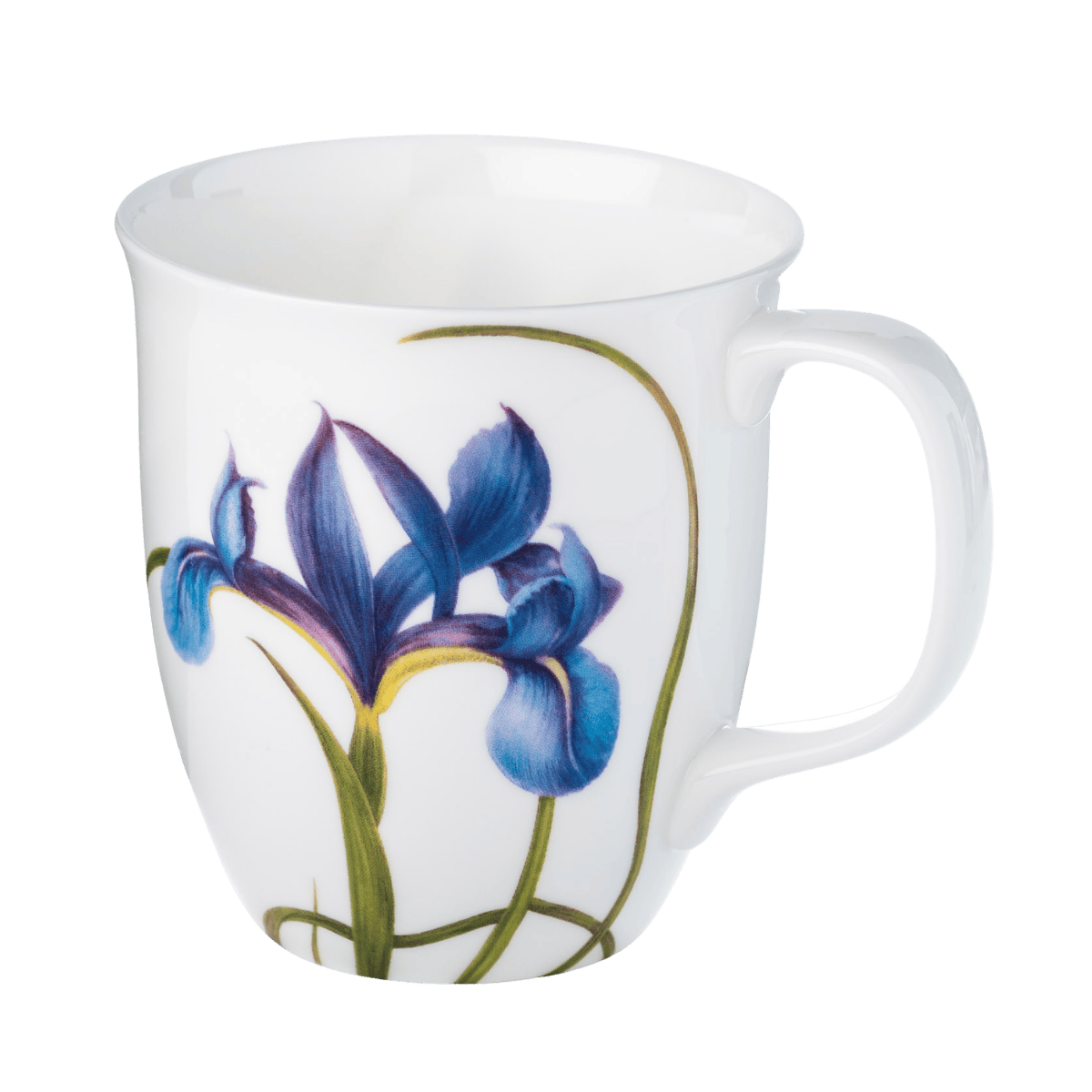 Garden Collection Blue Iris Java Mug in fine bone china, front view, handle right