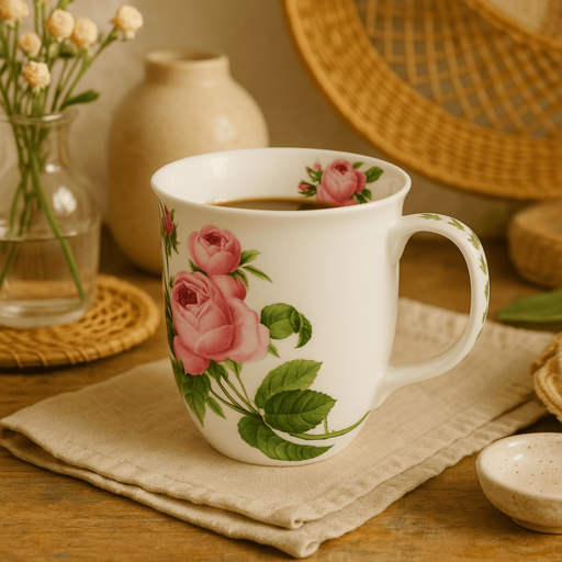 Botanical Flowers Pink Rose Java Mug, lifestyle image styled on a coffee table with coffee