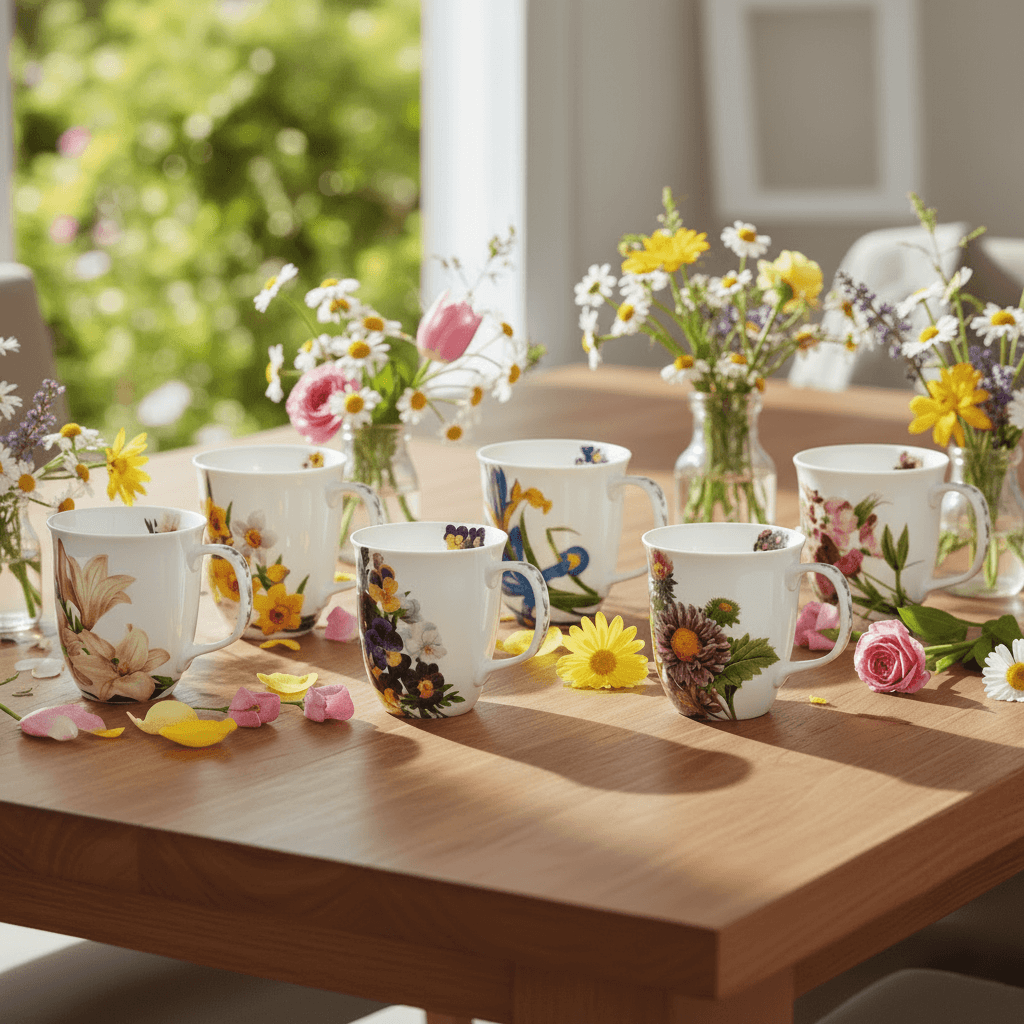 Botanical Flower six mug bundle featuring Lilies, Narcissus, Michaelmas Daisy, Sweet Pea, Iris and Viola designs on a kitchen table with florals