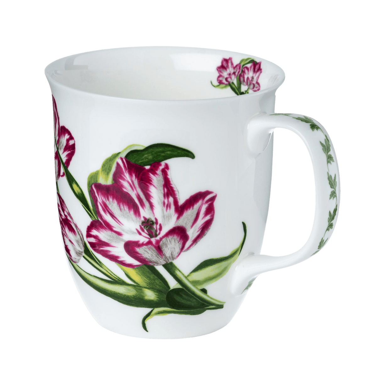 Blooming Tulips Java mug with colourful tulip floral pattern, fine bone china coffee mug 12.5 oz, front view handle right