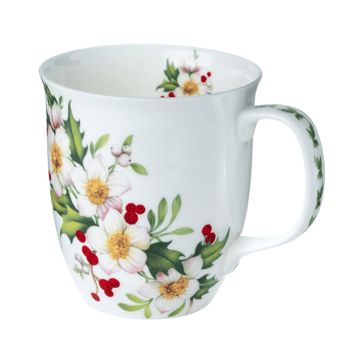 Festive Floral Java mug, 12.5 oz (375 ml) fine bone china mug with botanical floral pattern, front view, handle right