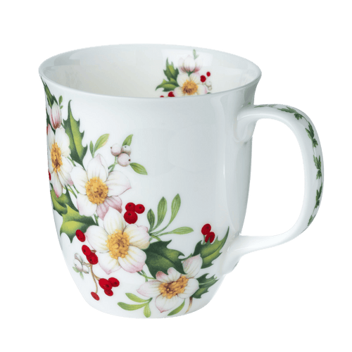 Festive Floral Java mug, 12.5 oz (375 ml) fine bone china mug with botanical floral pattern, front view, handle right