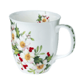 Festive Floral Java mug, 12.5 oz (375 ml) fine bone china mug with botanical floral pattern, front view, handle right