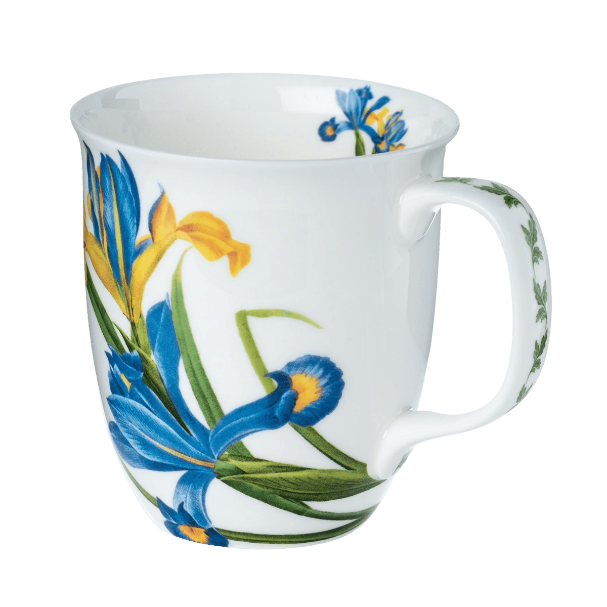 Garden Iris Java mug with iris floral pattern, fine bone china coffee mug 12.5 oz, front view handle right