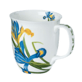 Garden Iris Java mug with iris floral pattern, fine bone china coffee mug 12.5 oz, front view handle right