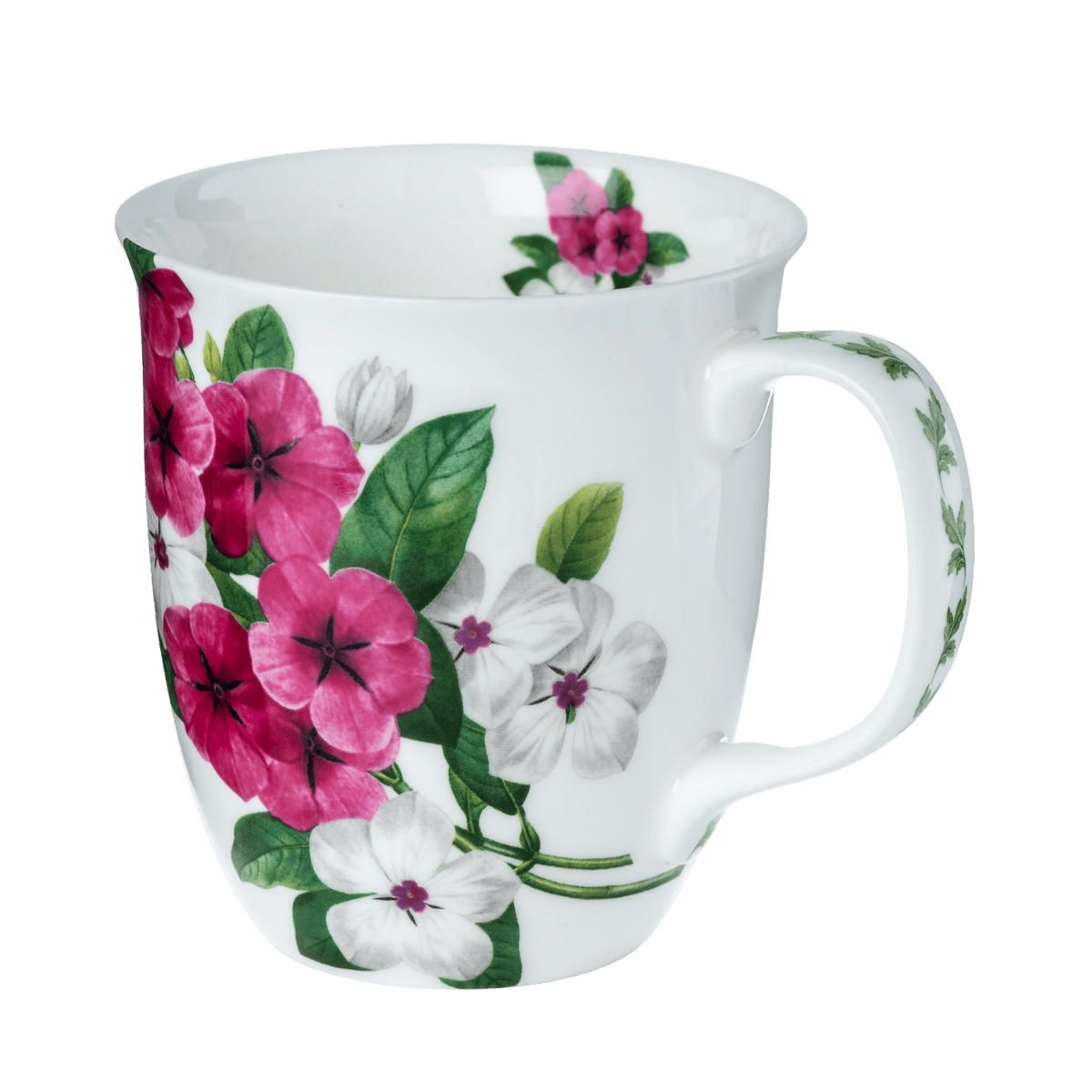 Garden Phlox floral Java mug, 12.5 oz (375 ml) fine bone china mug with phlox flower design, front view handle right